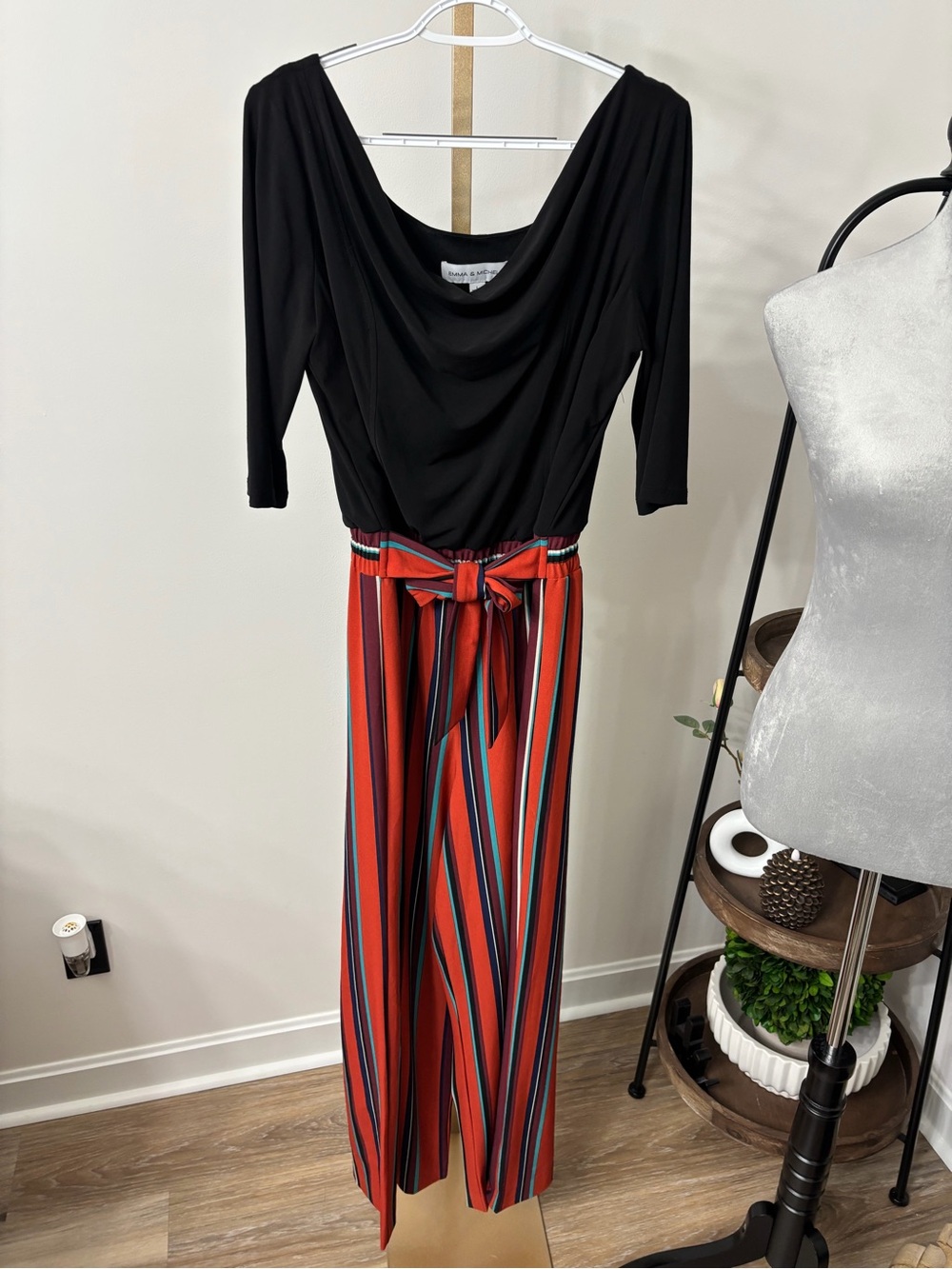 Emma & Michele Black Top with Red Multi-Stripe Wide-Leg Jumpsuit